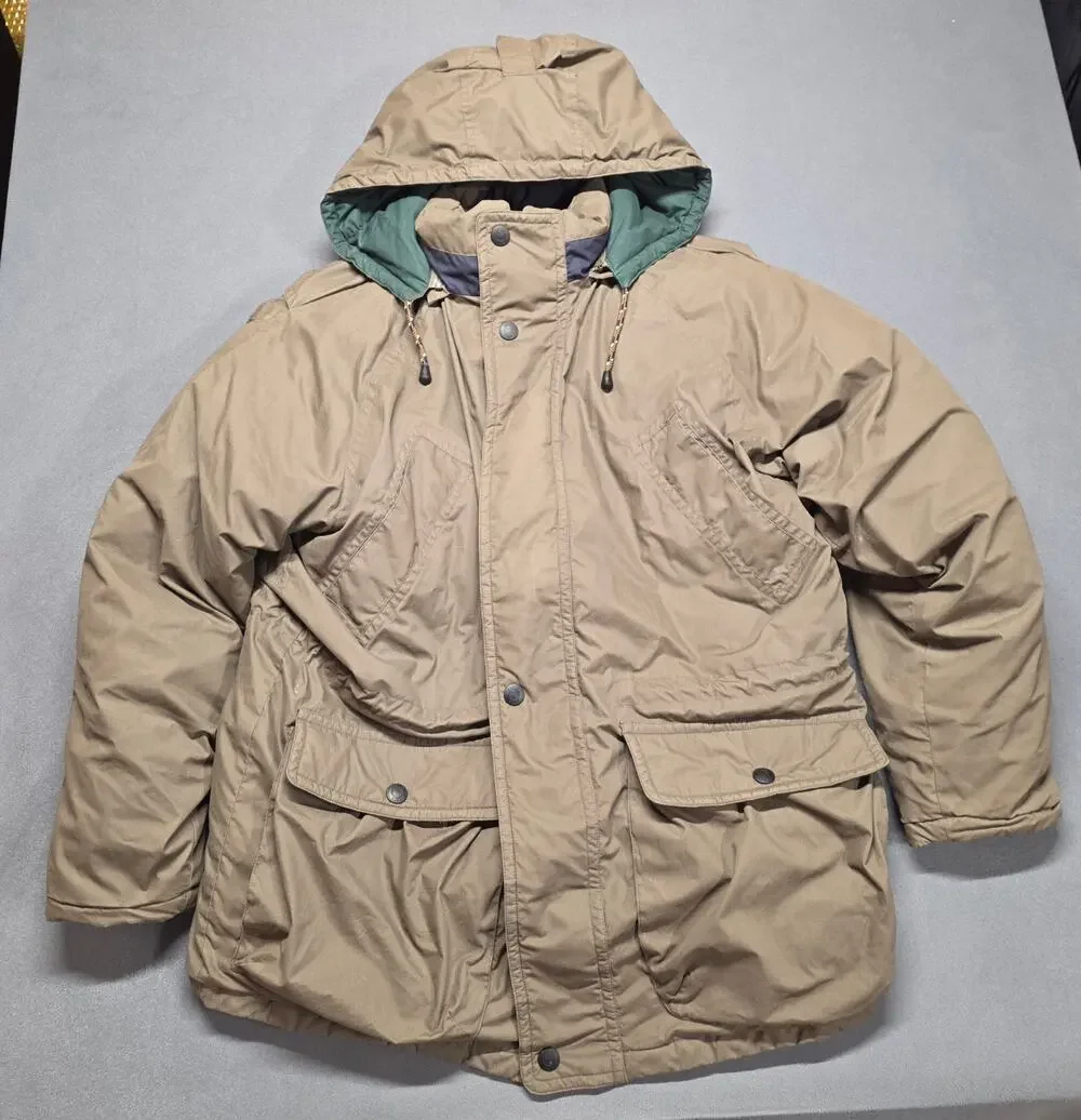 Mens Down Feather Parka Jacket Hooded Pockets Gorpcore Heavy Green Large